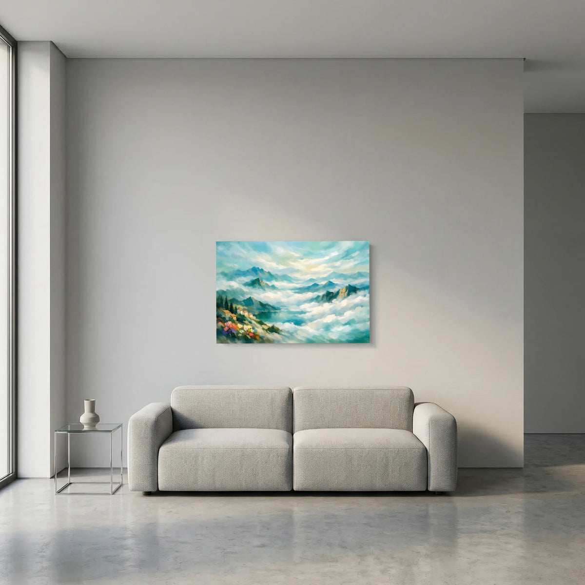 Wandbild mit nebeliger Berglandschaft, blauer Fluss und Berge im Querformat.