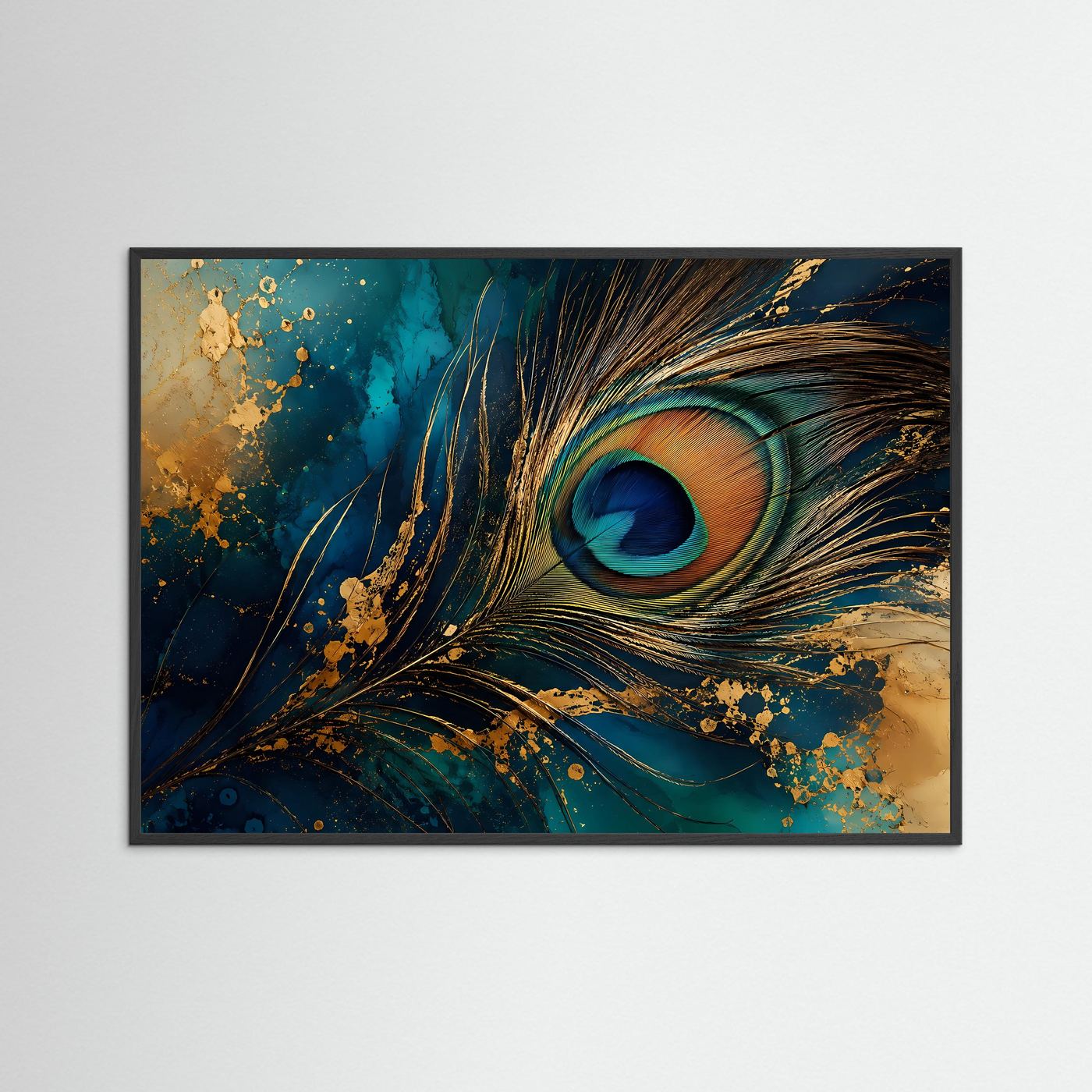 Pfauenfeder in Petrol & Gold | Luxuriöse abstrakte Wandkunst