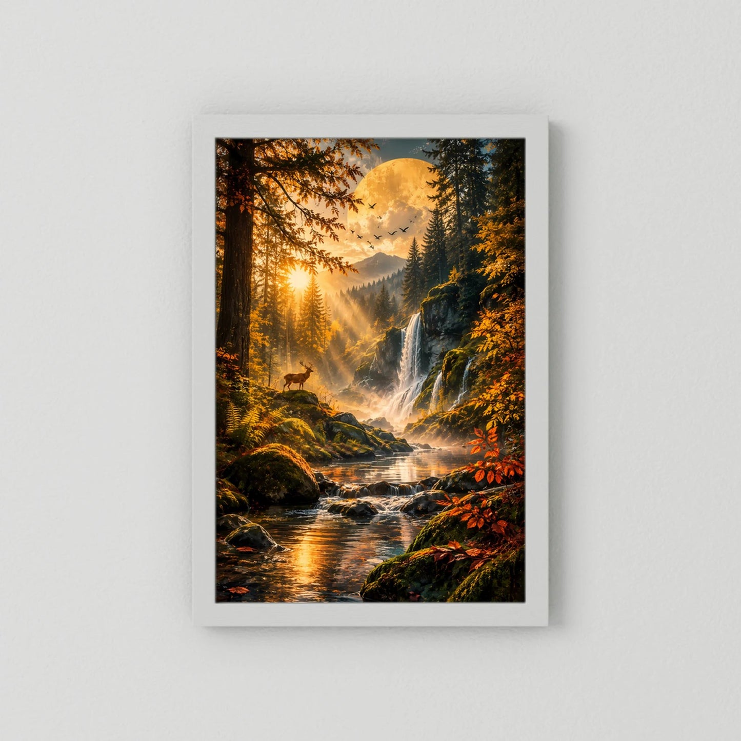 Hochformat-Poster mit Waldlandschaft, Wasserfall und goldenem Fluss, ohne Rahmen