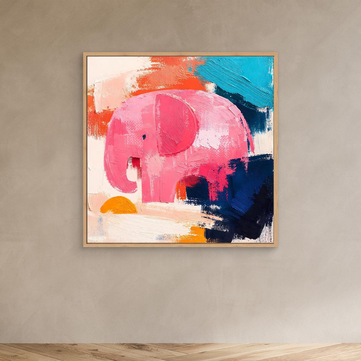Oak-framed abstract elephant wall painting with pink elephant and blue, orange accents