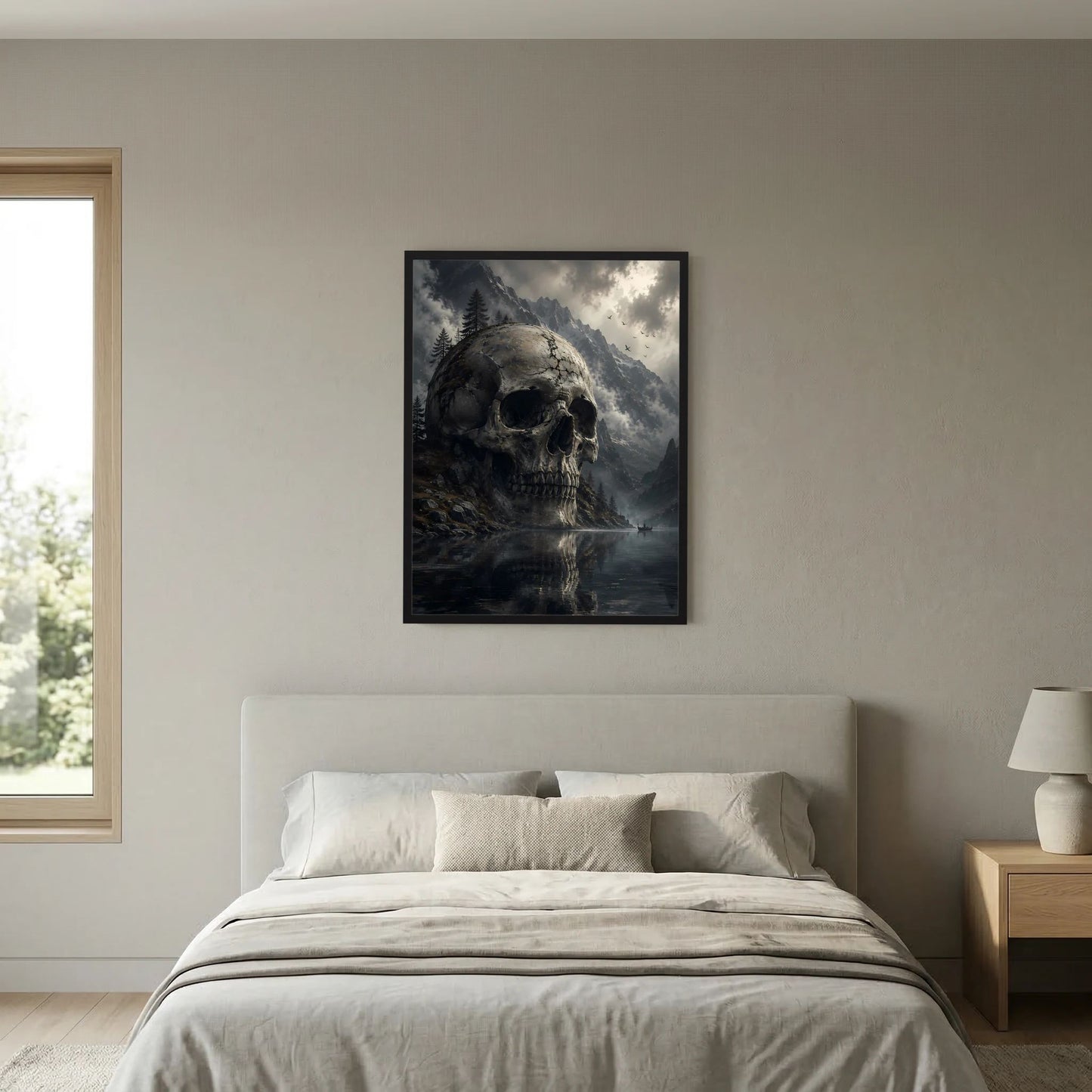 Hochformatiges Poster mit Totenkopf über Bergsee, tiefe Kontraste und Wolkenhimmel