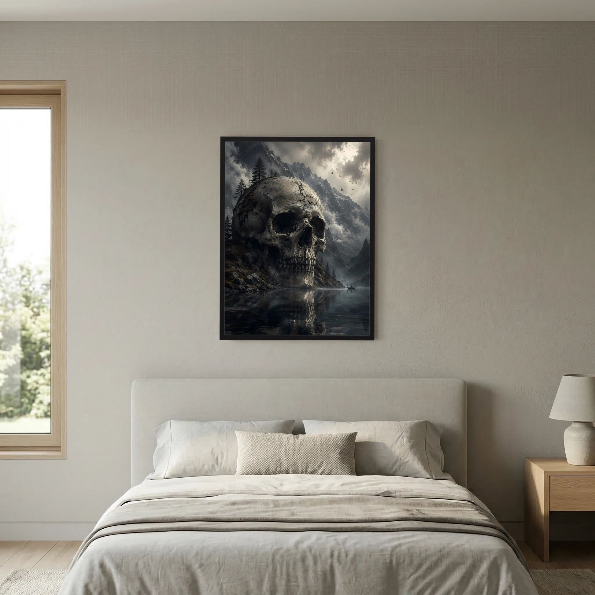 Hochformatiges Poster mit Totenkopf über Bergsee, tiefe Kontraste und Wolkenhimmel