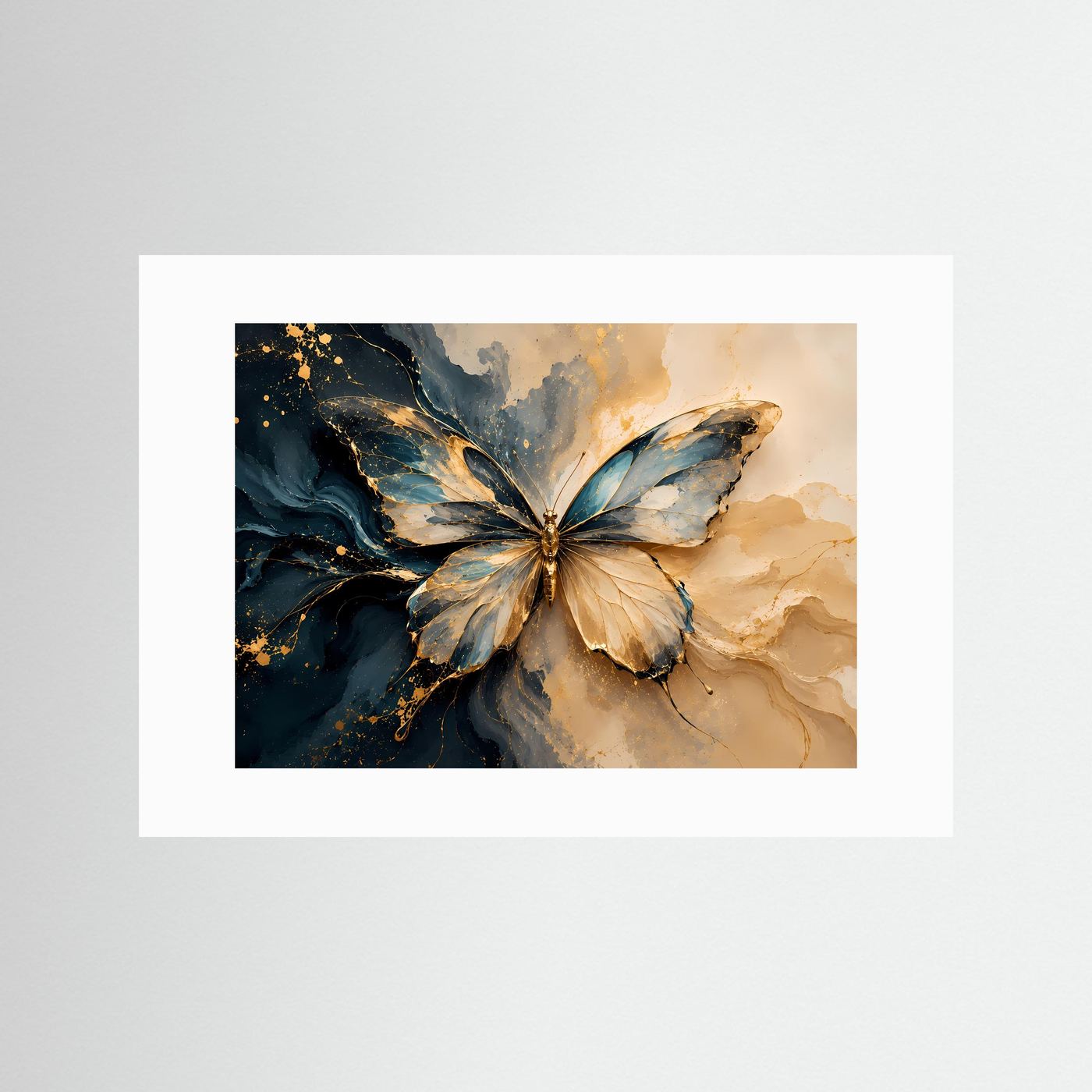 Eleganter Schmetterling in Blau & Gold | Abstrakte Kunst in Creme & Petrol
