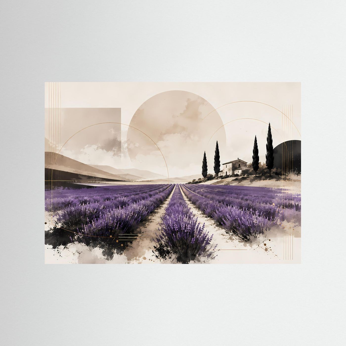 Lavendelfeld in der Provence mit Zypressen & Landhaus | Abstrakte mediterrane Landschaft in Lila, Creme, Beige, Schwarz & Gold | Elegantes Lavendel Wandbild im Querformat