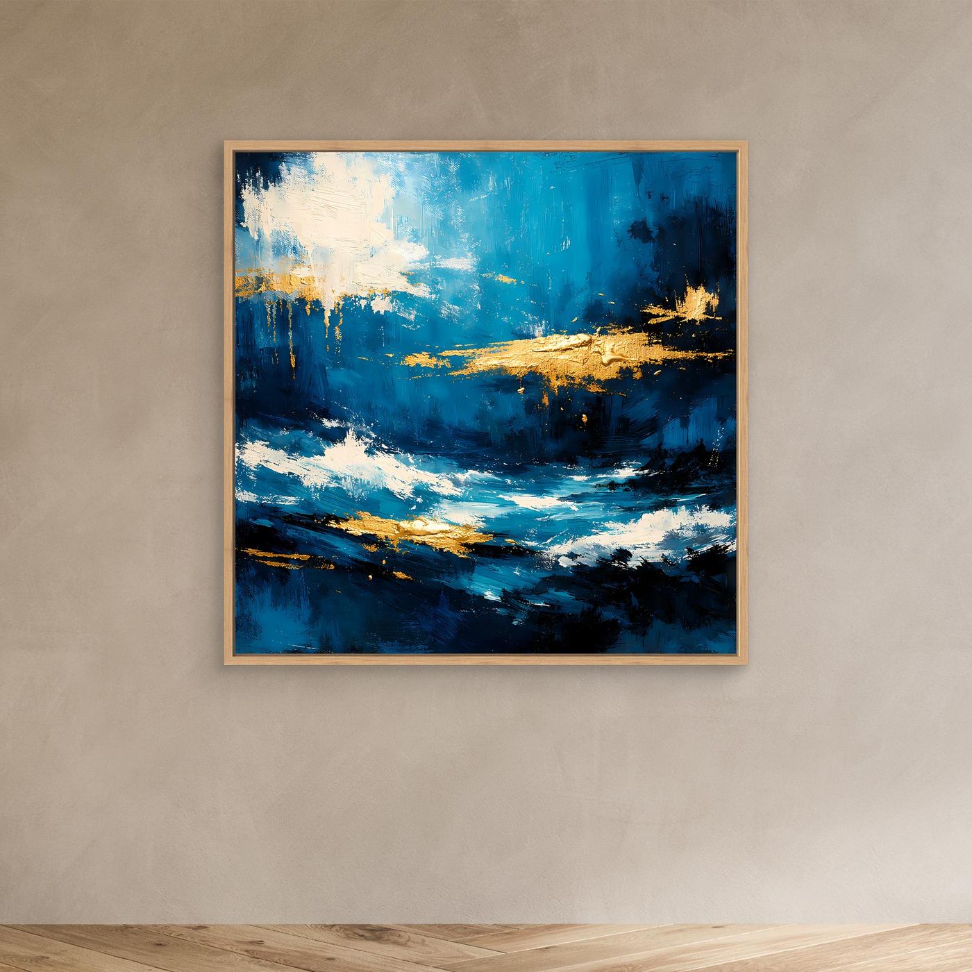 Leinwandbild mit abstrakten Meereswellen in Blau und Gold, im Holzrahmen