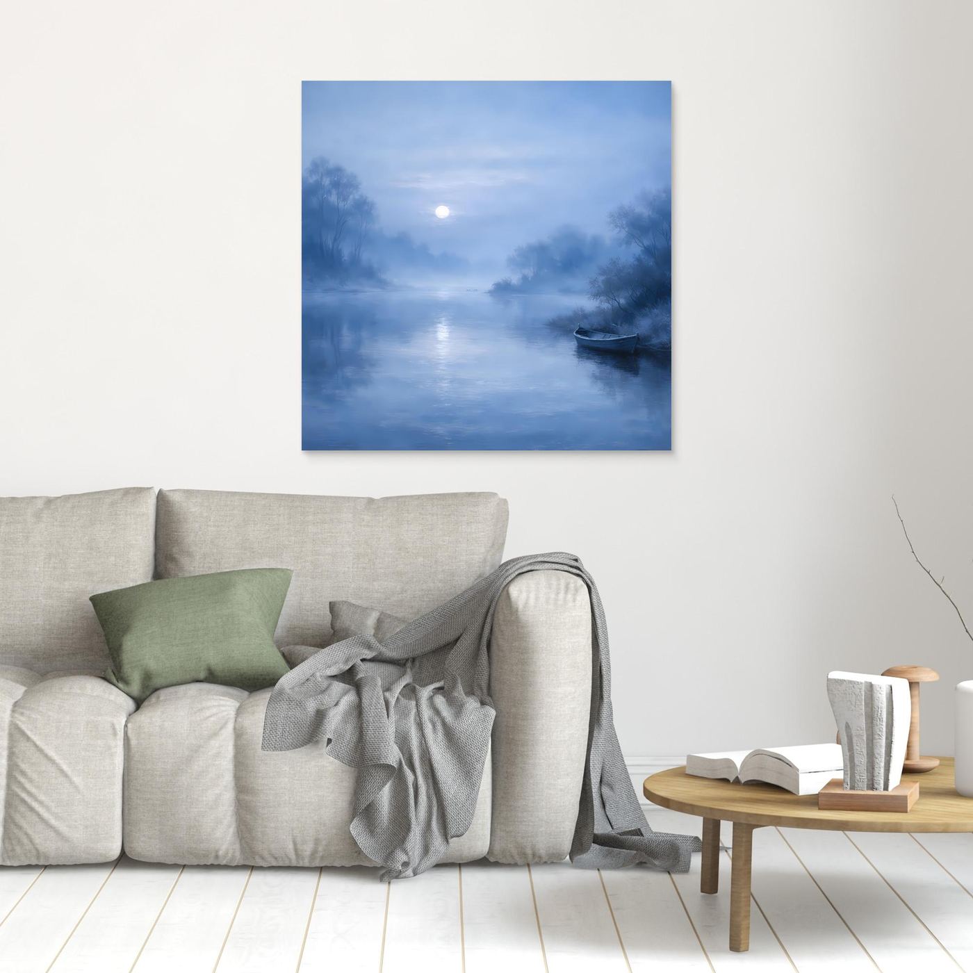Quadratisches Leinwandbild in Blau mit Mond über ruhigem Fluss und Boot