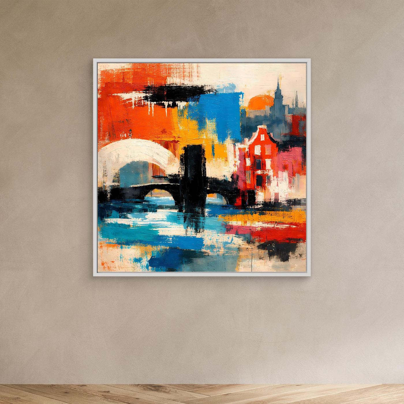 Leinwand-Wandbild mit abstrakter Brücken- und Stadtform in Rot, Blau und Gelb, weißer Rahmen