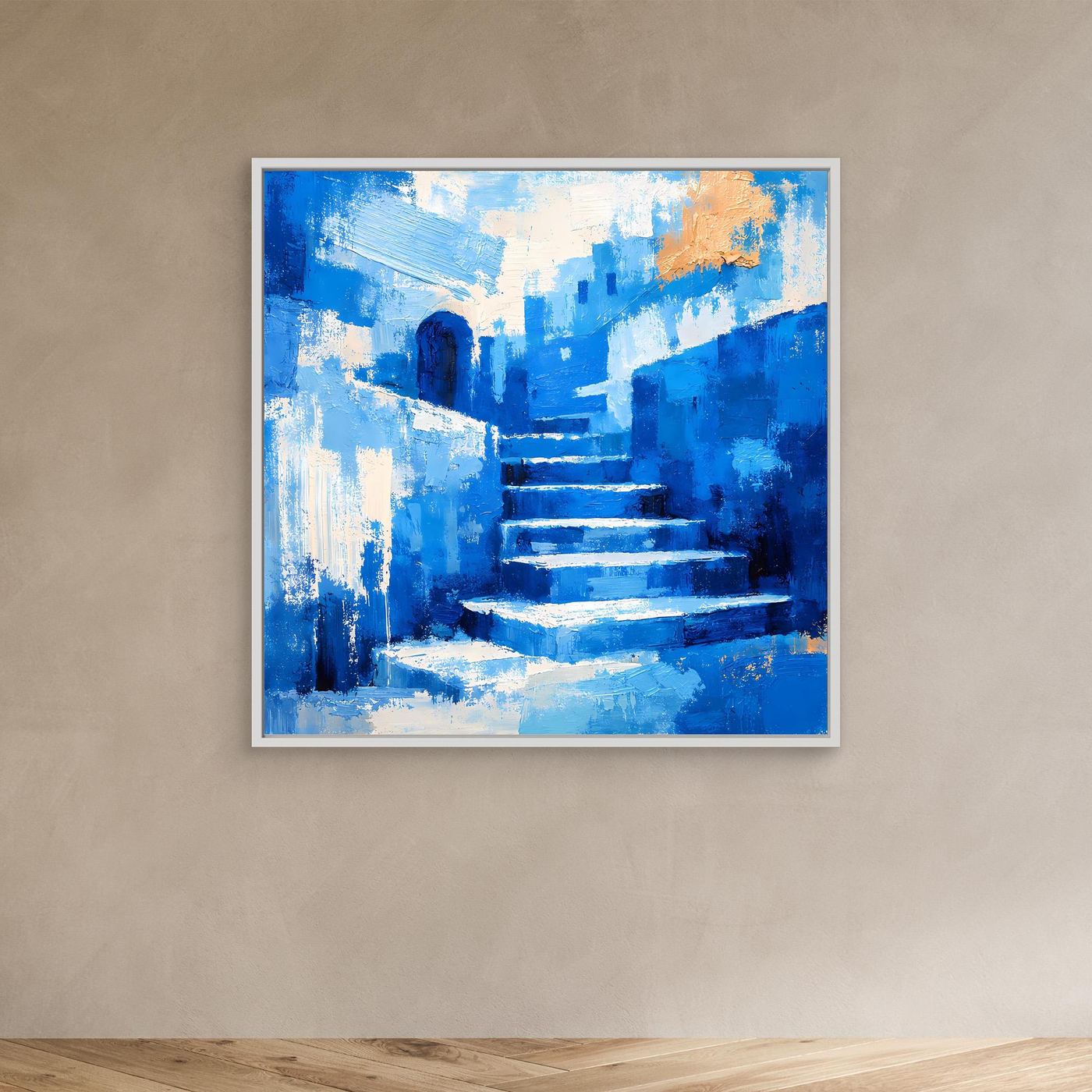 Abstraktes Leinwandbild mit blauer Gasse, Treppen und orange Akzenten, weißer Rahmen