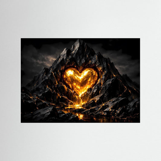 Wandbild mit glühendem Herz aus Magma in schwarzen Vulkanfelsen, querformatig