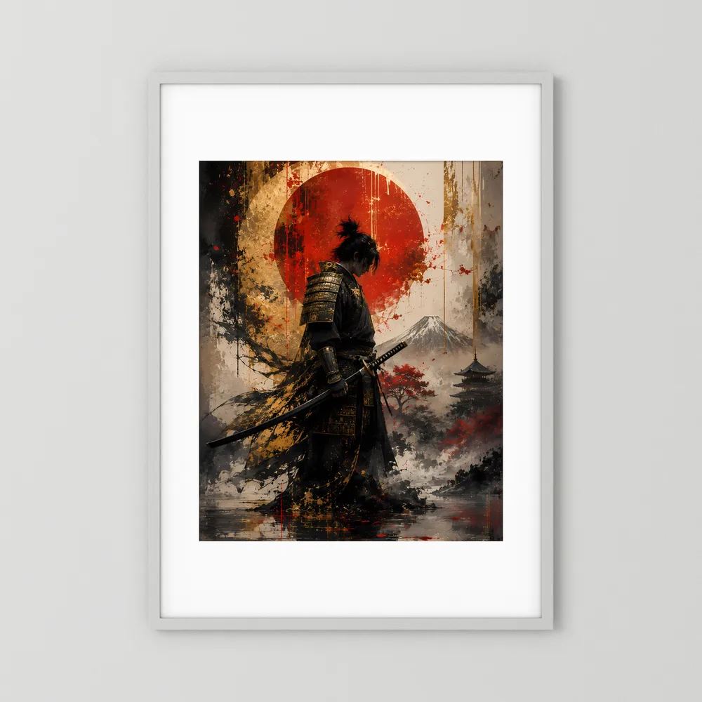 Japanisches Samurai-Kunstposter im Hochformat mit weißem Rahmen und weißem Rand.