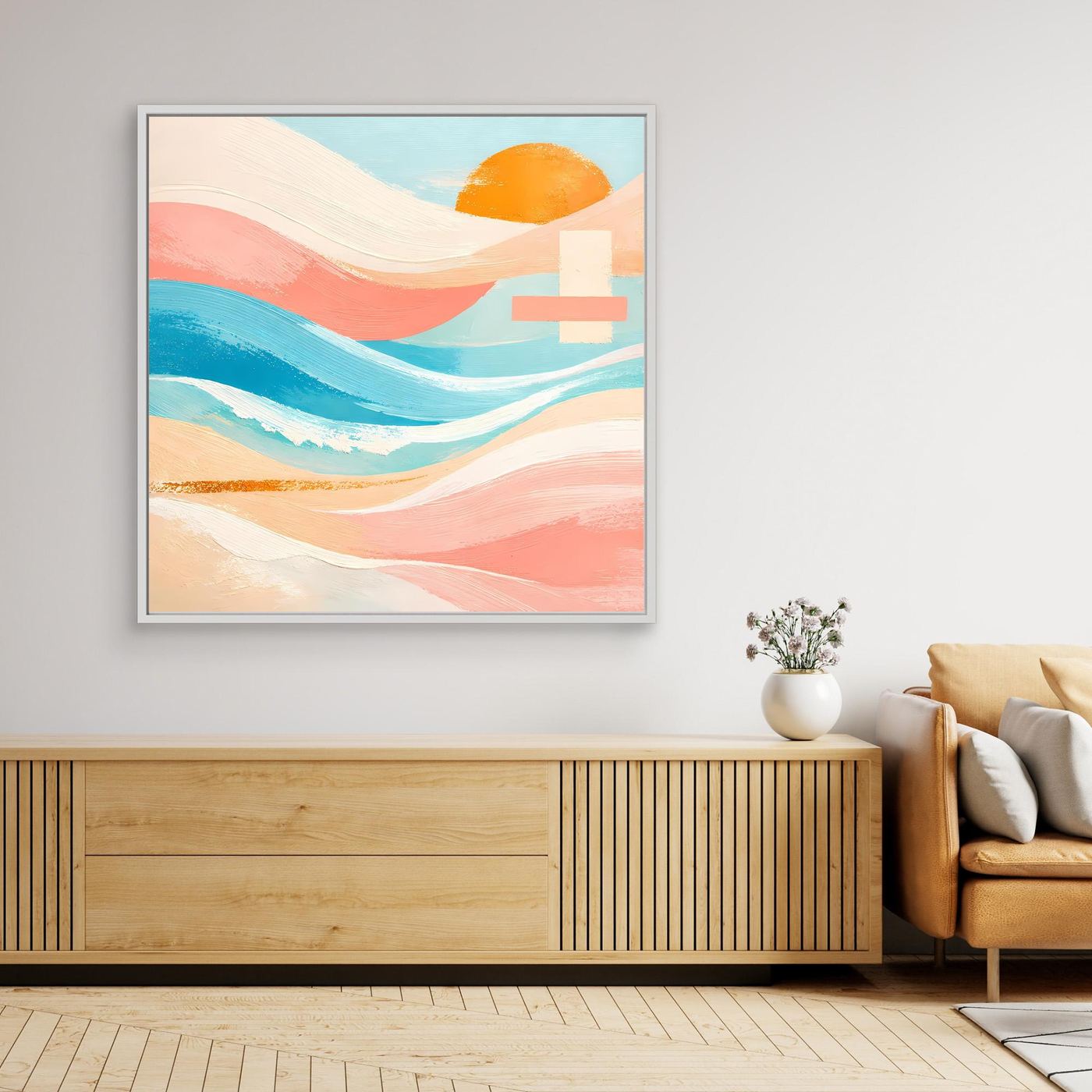 Leinwandbild abstraktes Meer und Sonne mit pastellfarbenen Wellen, weiß gerahmt