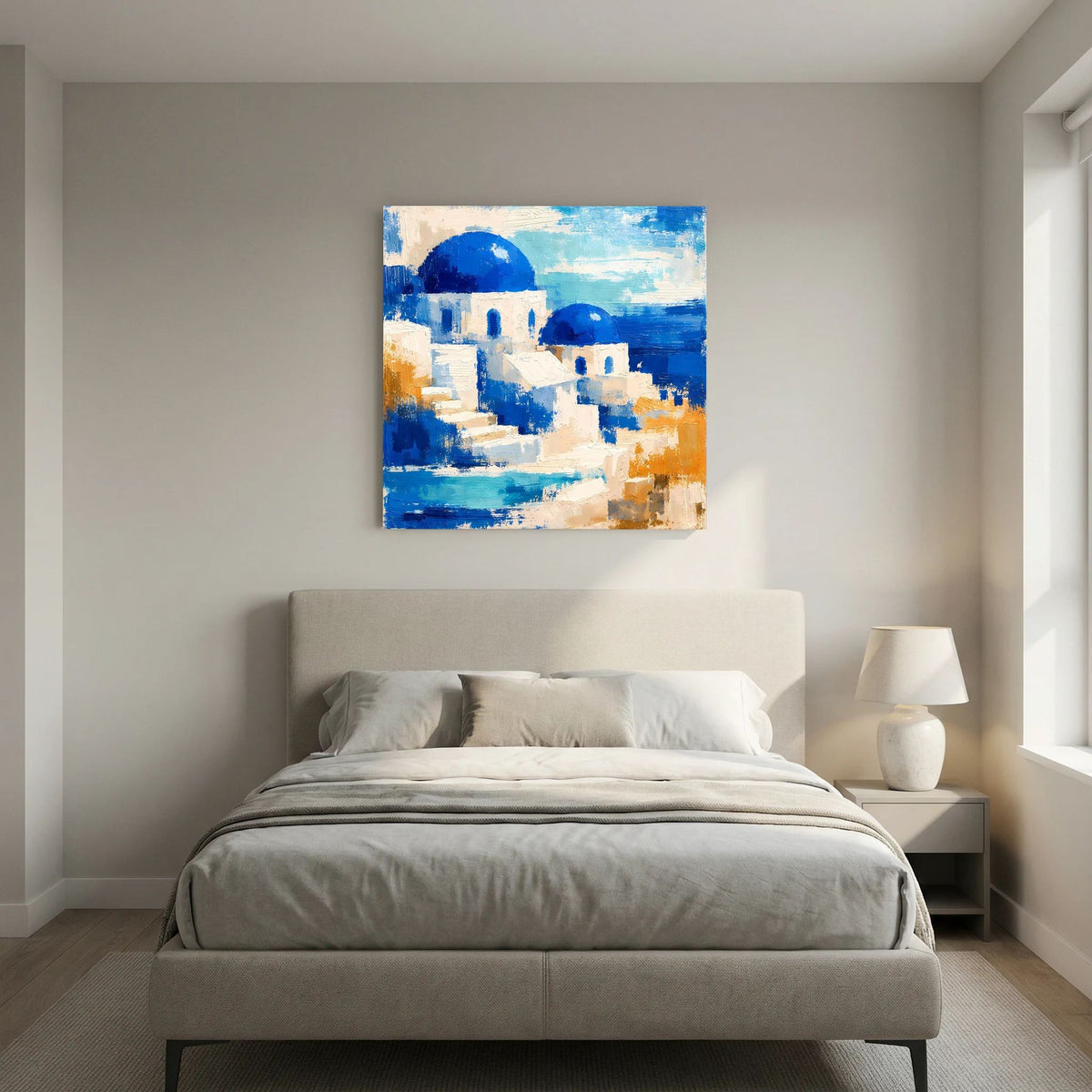 Leinwand-Wandbild mit abstrakten Häusern und blauen Kuppeln in Blau-Weiß