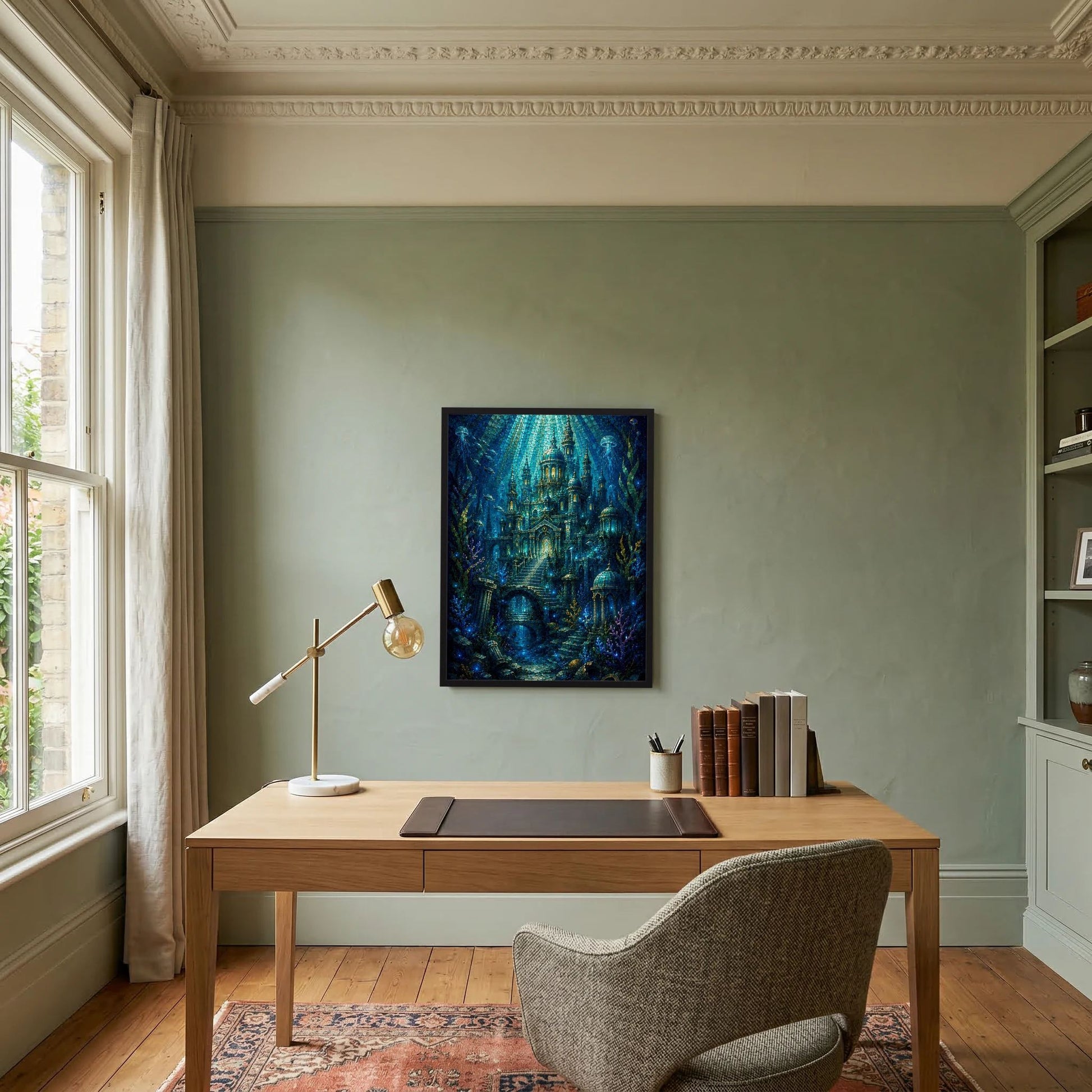 Quadratisches Wandposter im Hochformat-Look mit Unterwasserstadt in Blau und Gold.