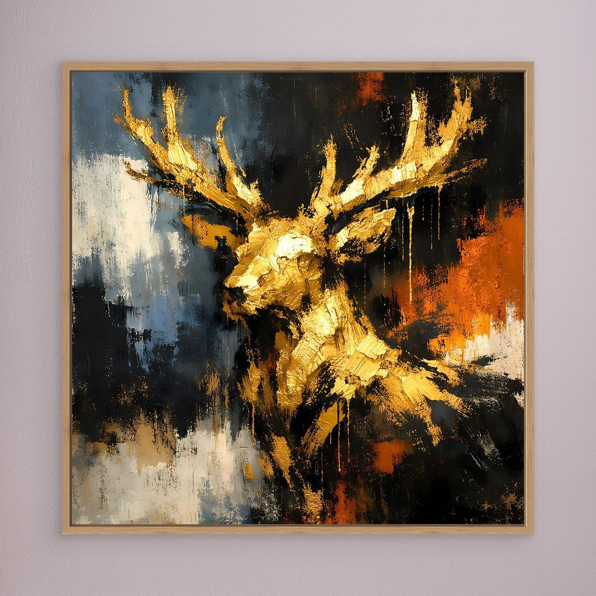 Leinwand-Wandbild: goldenes Hirschgeweih in abstraktem Schwarz, Blau und Orange, Holzrahmen
