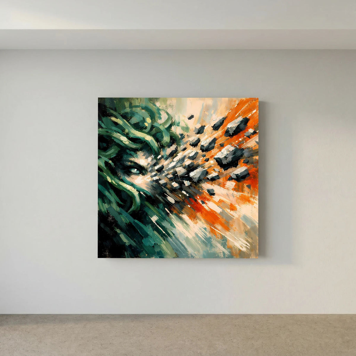 Abstraktes Leinwandbild mit Medusa-Motiv in Grün, Orange und Schwarz, Wandmontage