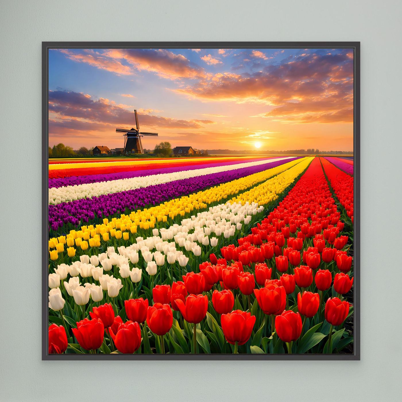 Quadratisches Leinwandbild: buntes Tulpenfeld mit Windmühle bei Sonnenuntergang, schwarz gerahmt