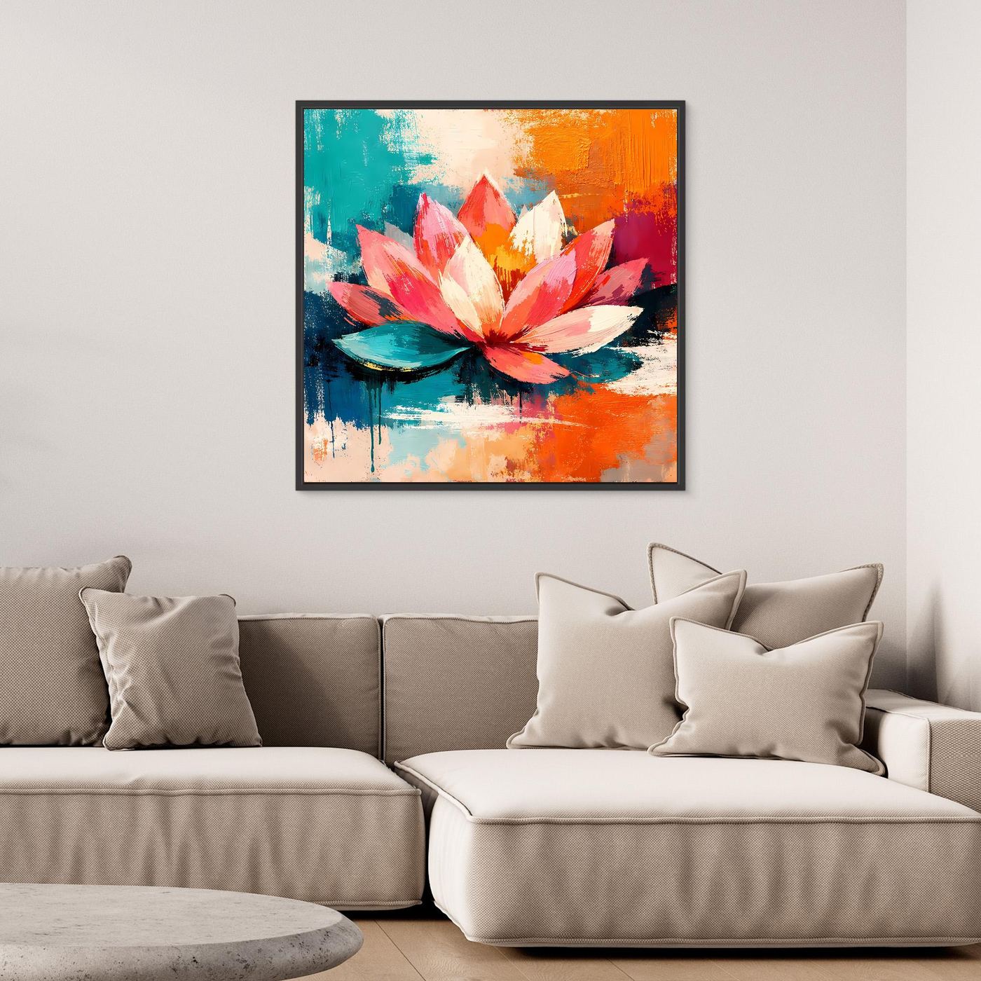 Black-framed abstract canvas wall art with colorful lotus flower and water effect.