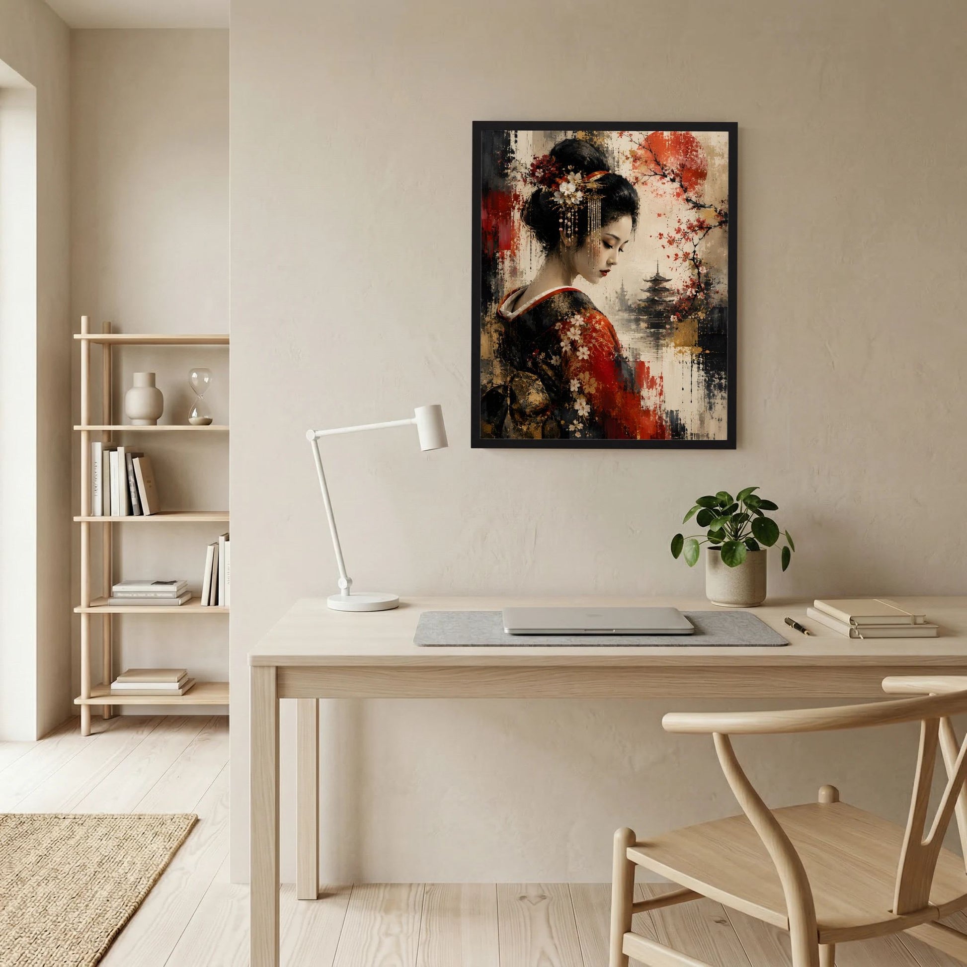 Gerahmtes Kunstposter: Geisha im Rot-Schwarz-Farbton, Kirschblüten, Pagodenmotiv