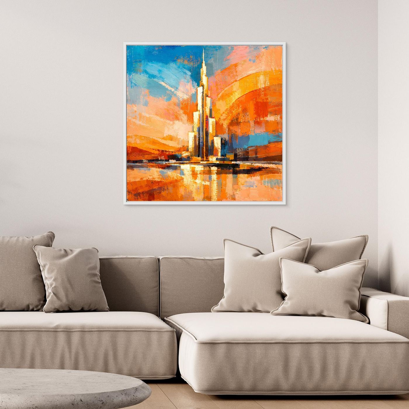 Leinwand-Wandbild mit abstraktem Hochhaus-Motiv und Spiegelung, warme Orange- und Blautöne