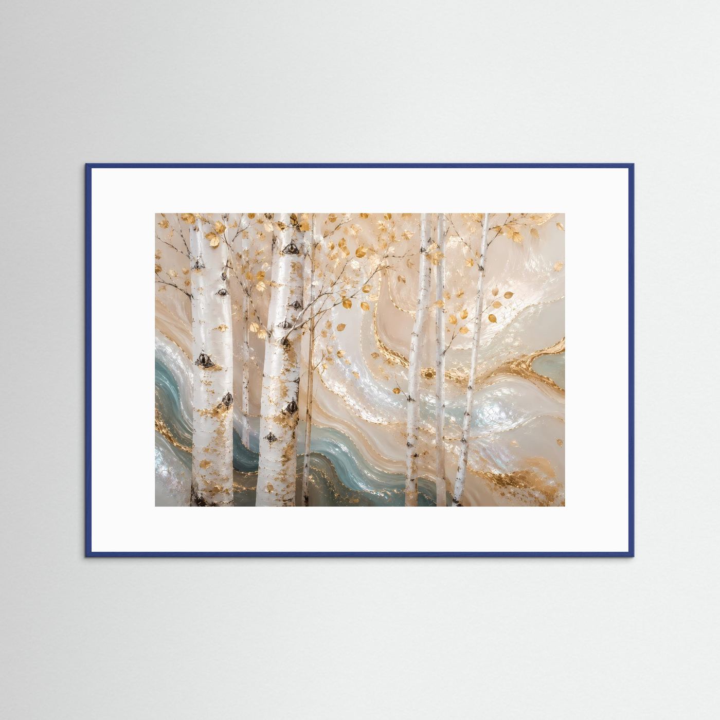 Querformat-Poster mit abstrakten Birken in Creme- und Goldtönen, mit blauem Rahmen