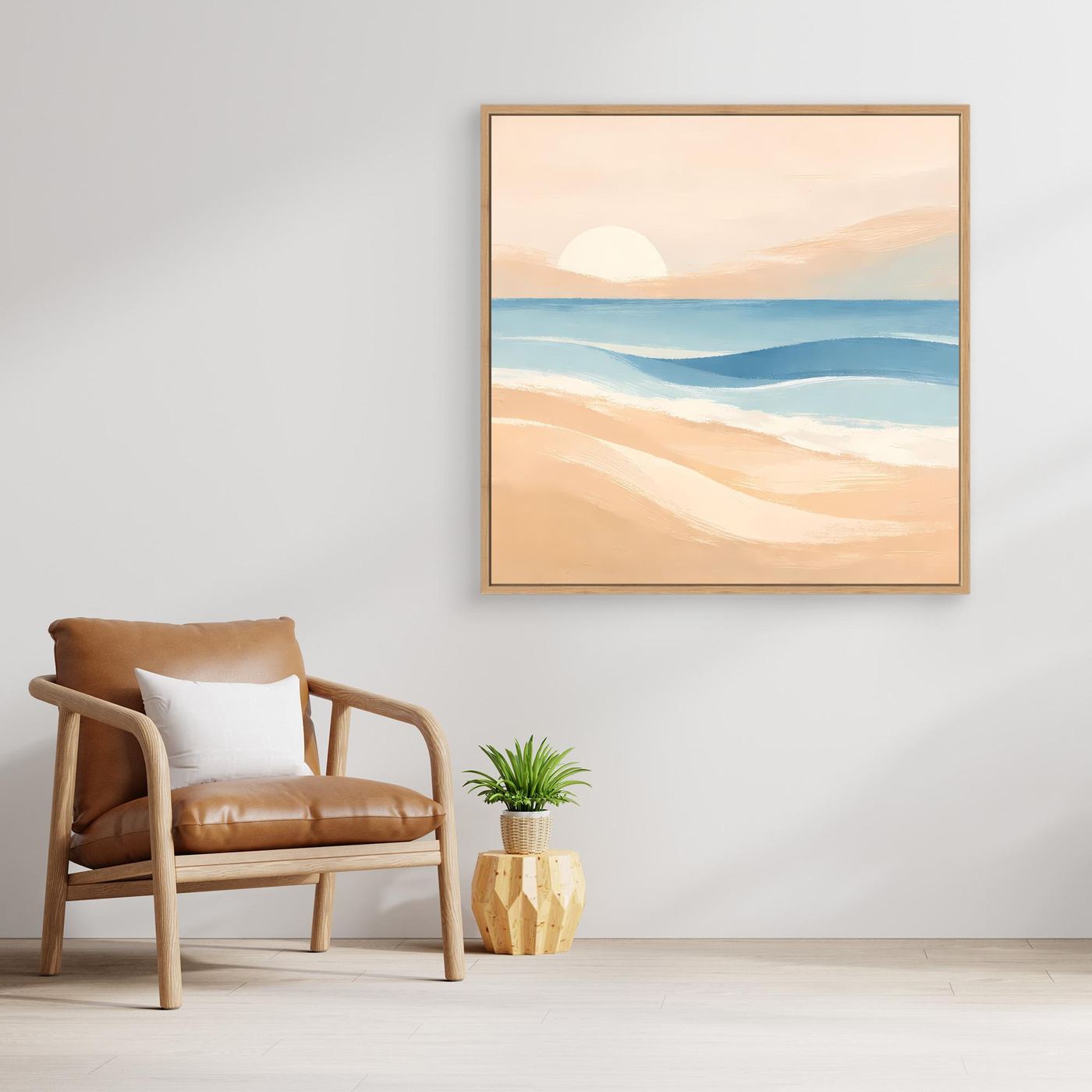 Leinwandbild Strand-Sonnenuntergang, abstraktes Meer in Pastellfarben mit Holzrahmen