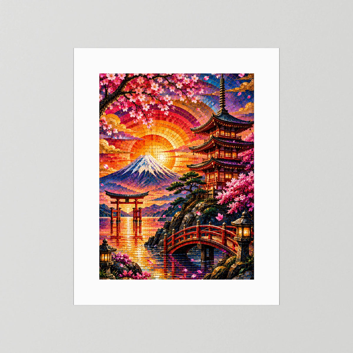Hochformatiges Poster mit weißem Passepartout und mosaikartigem Motiv von Fuji und Pagode