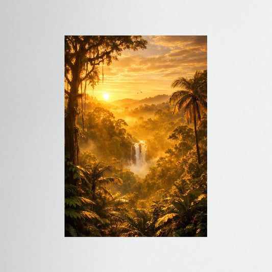 Hochformatiges Dschungel-Poster mit Wasserfall im Sonnenuntergang, ohne Rahmen