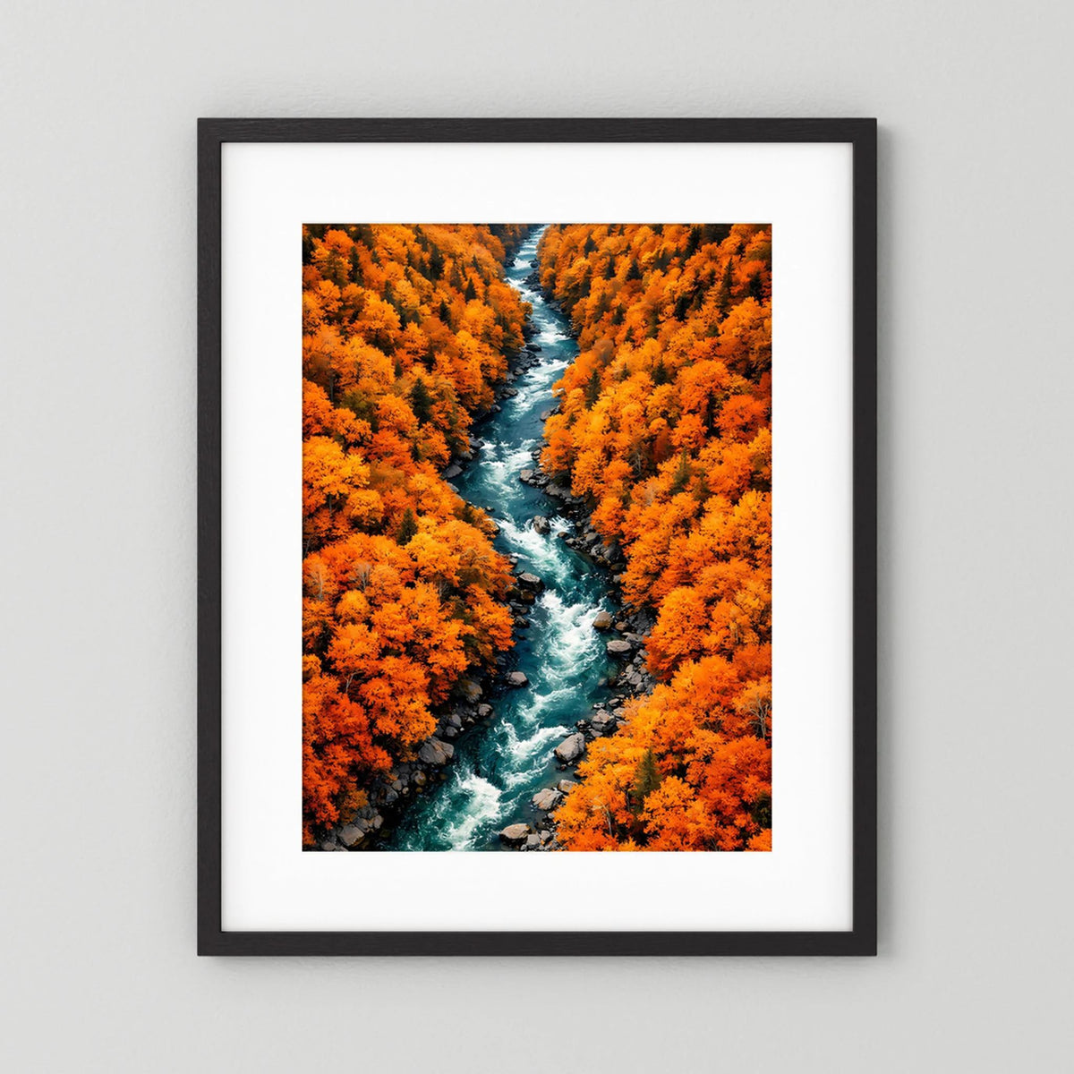 Hochformat-Wandposter mit schwarzem Rahmen und weißem Passepartout, Herbstwald-Fluss