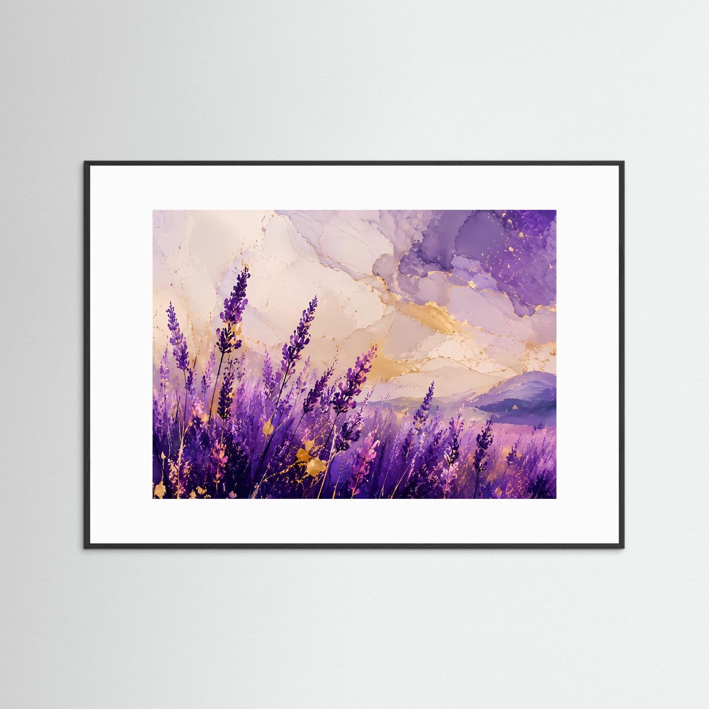 Lavendelfeld Poster | Abstrakte Lavendel Landschaft | Lila Blumen Wandbild | Gold Akzent Kunst | Premium Leinwandbild