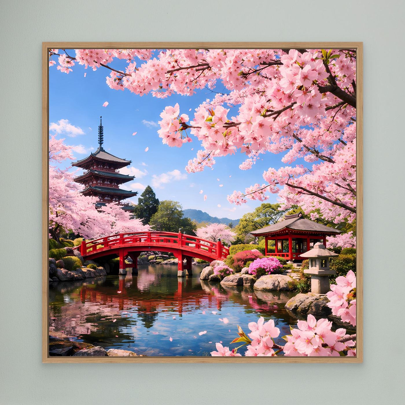 Leinwandbild Japanischer Garten mit Kirschblüten, roter Brücke und Pagode im Eichenrahmen