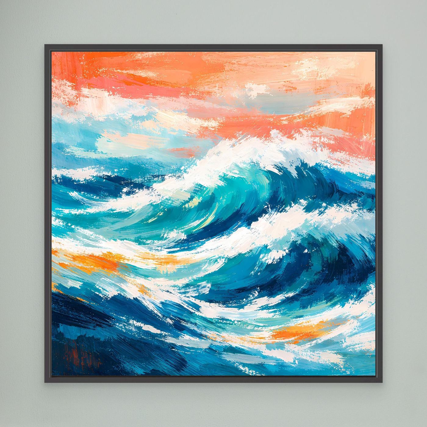 Abstraktes Leinwandbild mit türkisblauer Meereswelle und orangefarbenem Himmel, schwarzer Rahmen