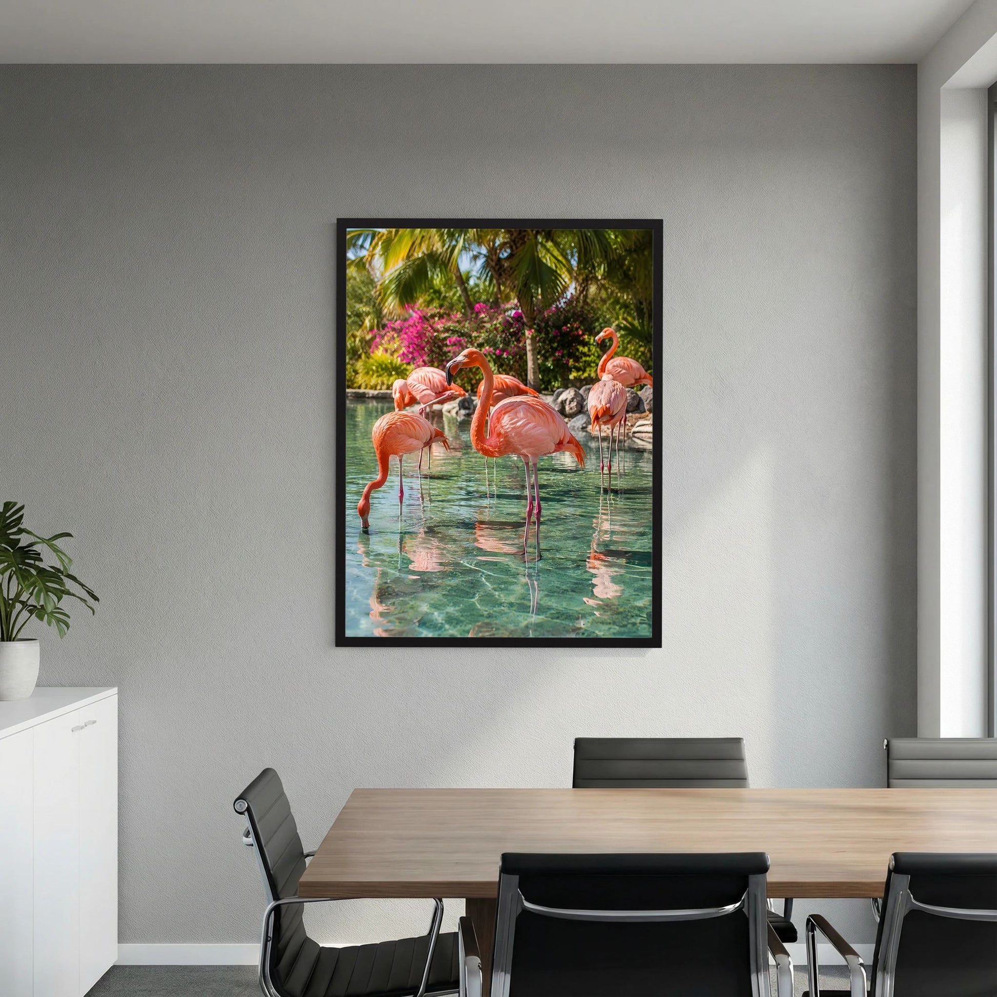 Wandposter im schwarzen Rahmen mit rosa Flamingos im tropischen Wasser und Palmen