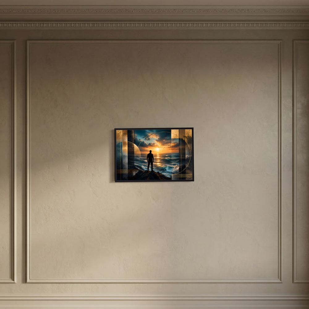 Kleines gerahmtes Querformat-Poster mit Silhouette am Strand bei Sonnenuntergang