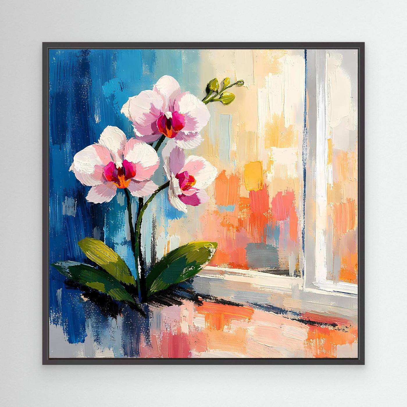 Leinwandbild mit abstrakten Orchideen am Fenster, rosa Blüten, grüne Blätter, schwarz gerahmt.
