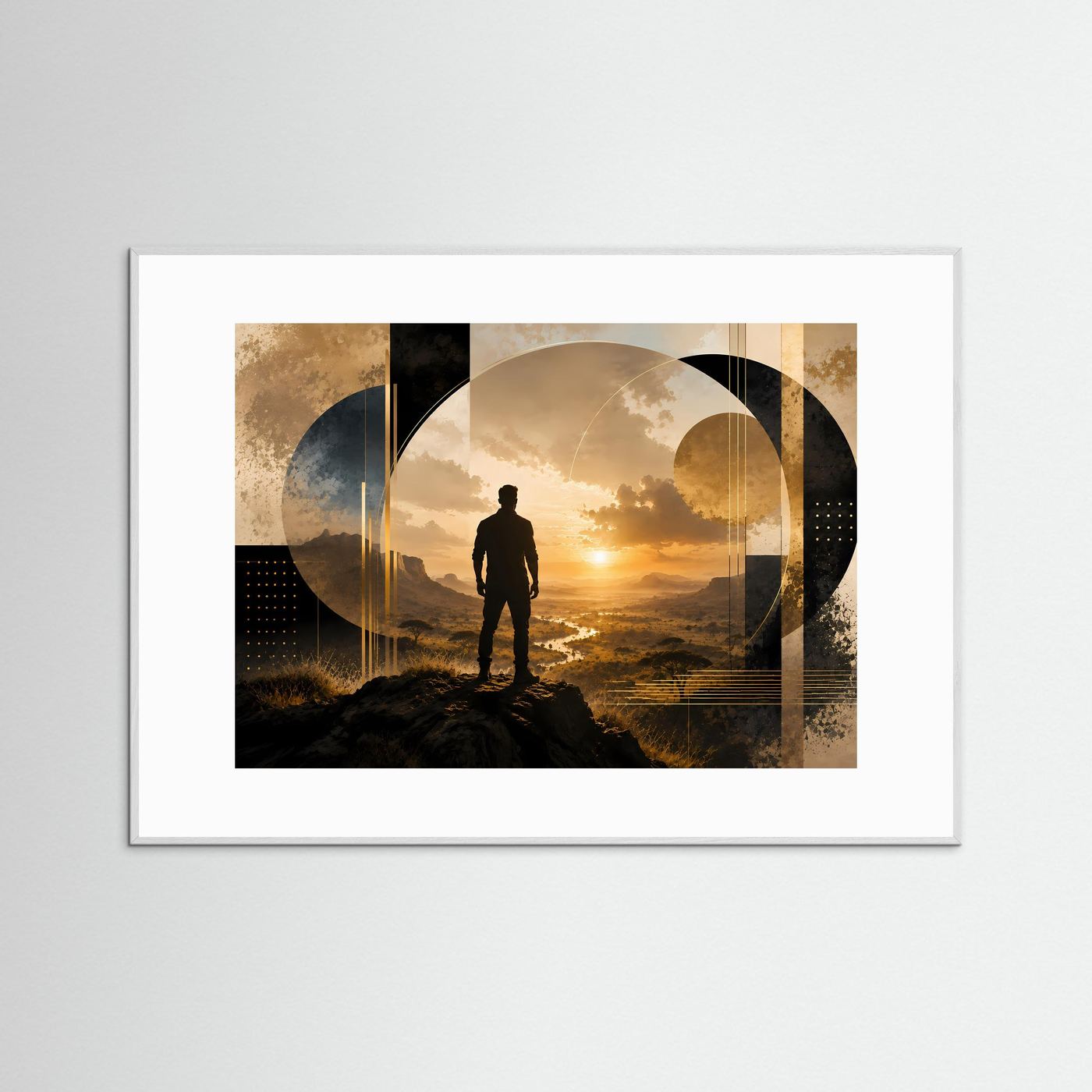 Gerahmtes Poster mit Silhouette eines Mannes vor Sonnenuntergangslandschaft und dunklen Kreisformen