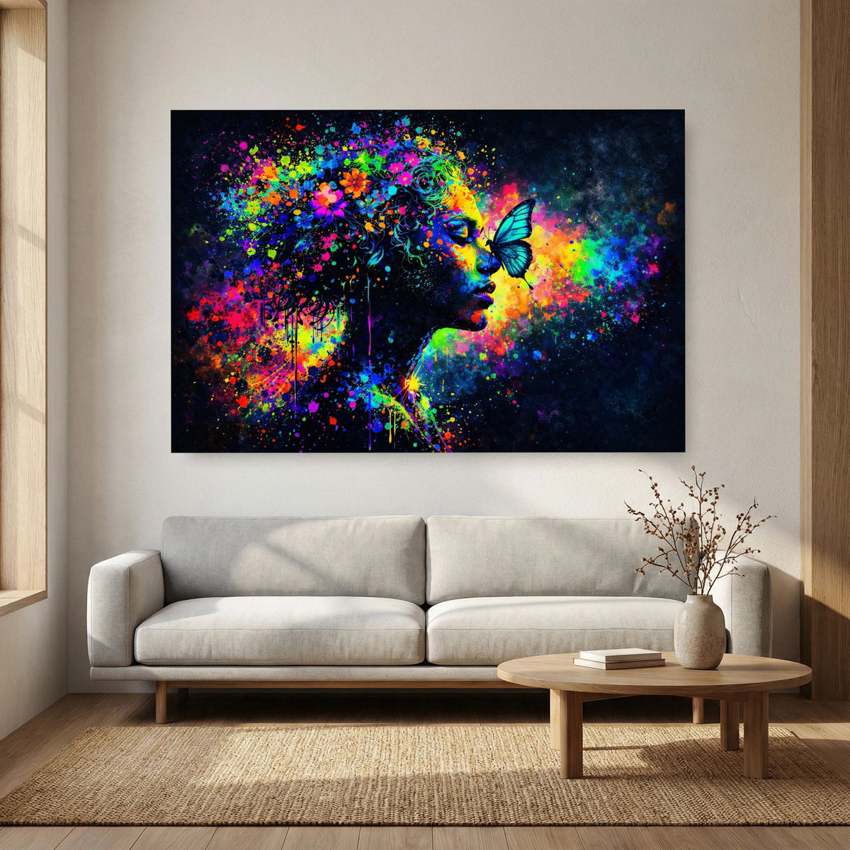 Querformat-Poster mit farbigem Frauenporträt und blauem Schmetterling vor dunklem Farbhintergrund