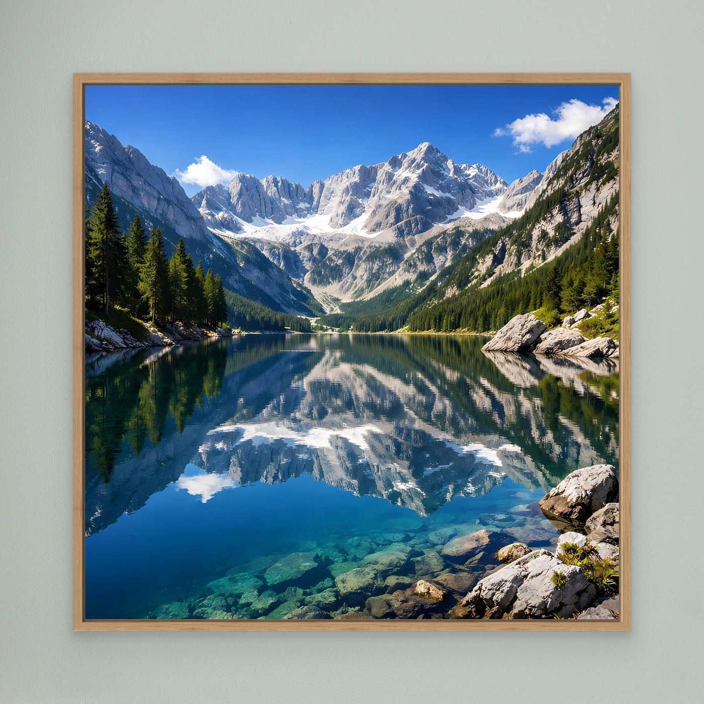 Leinwandbild mit Bergsee und Alpenpanorama im Querformat, Eichenholzrahmen
