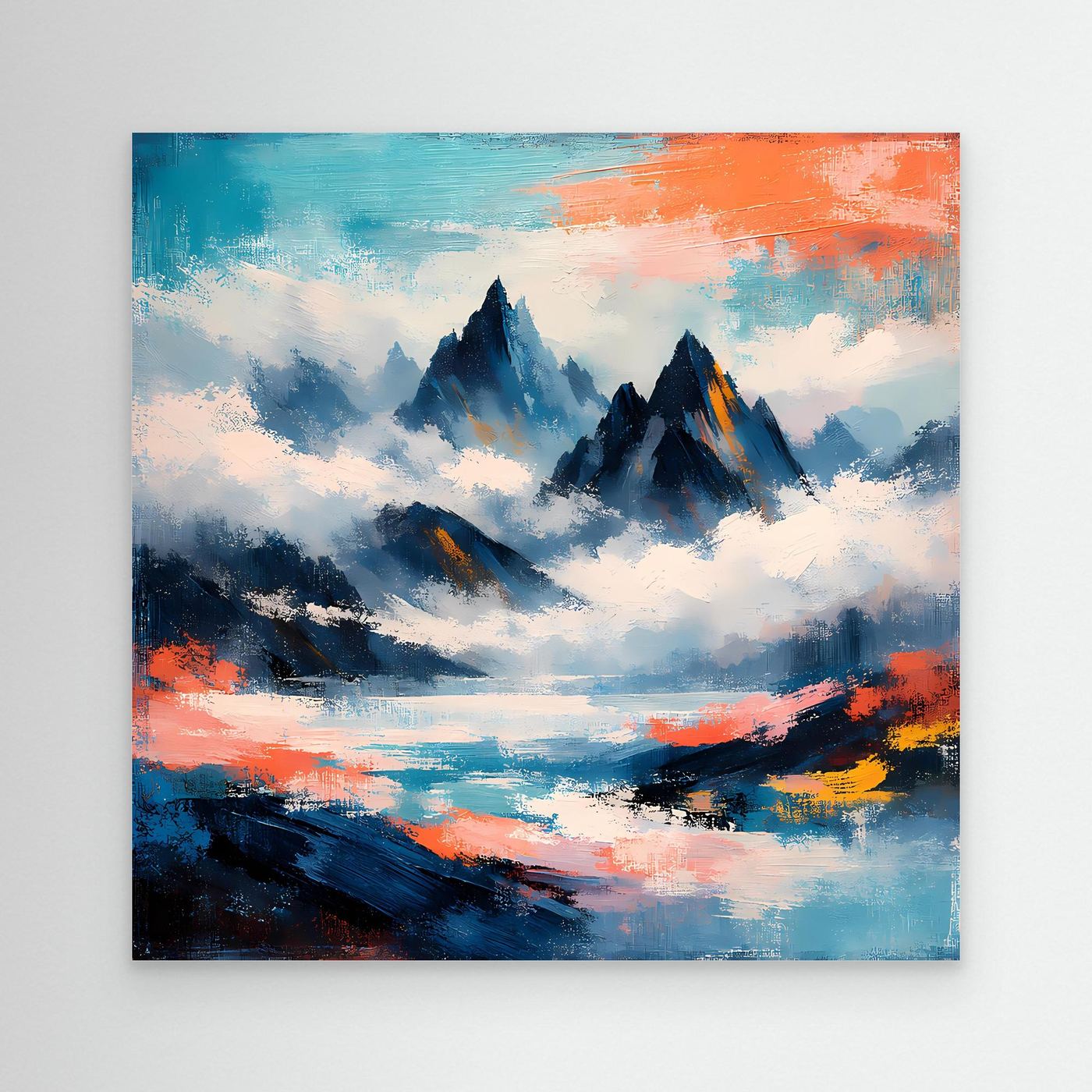 Wandbild mit abstrakten Berggipfeln im Nebelmeer, blau-orangefarbene Pinselstruktur, ohne Rahmen