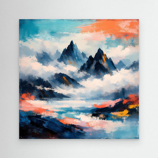 Wandbild mit abstrakten Berggipfeln im Nebelmeer, blau-orangefarbene Pinselstruktur, ohne Rahmen