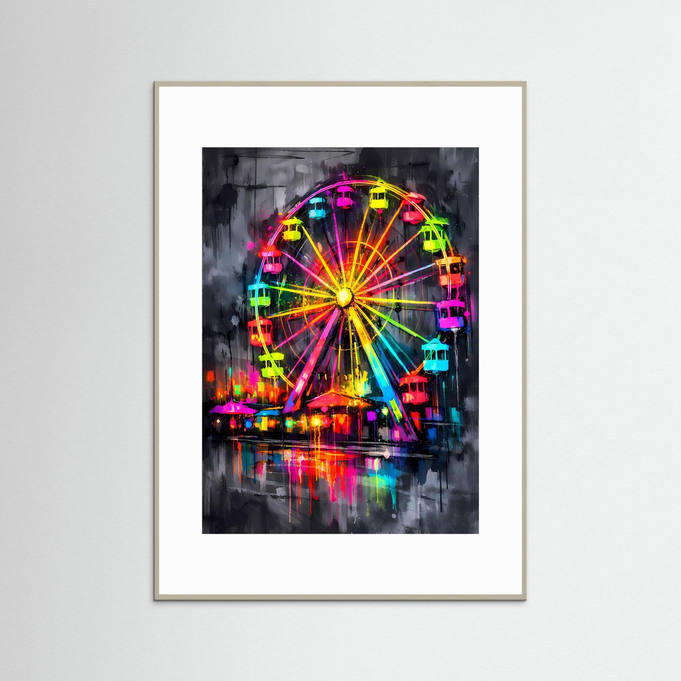 The Neon Ferris Wheel | Luxuriöses Riesenrad Poster Bunt & Dunkel | Abstraktes Jahrmarkt Kunstposter Hochformat