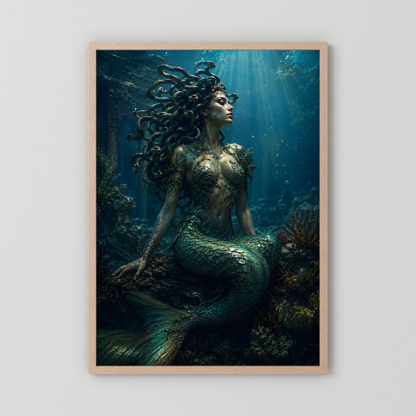 Fantasy-Poster mit Meerjungfrau in Smaragd & Türkis, Schlangenhaar, Holzrahmen hell