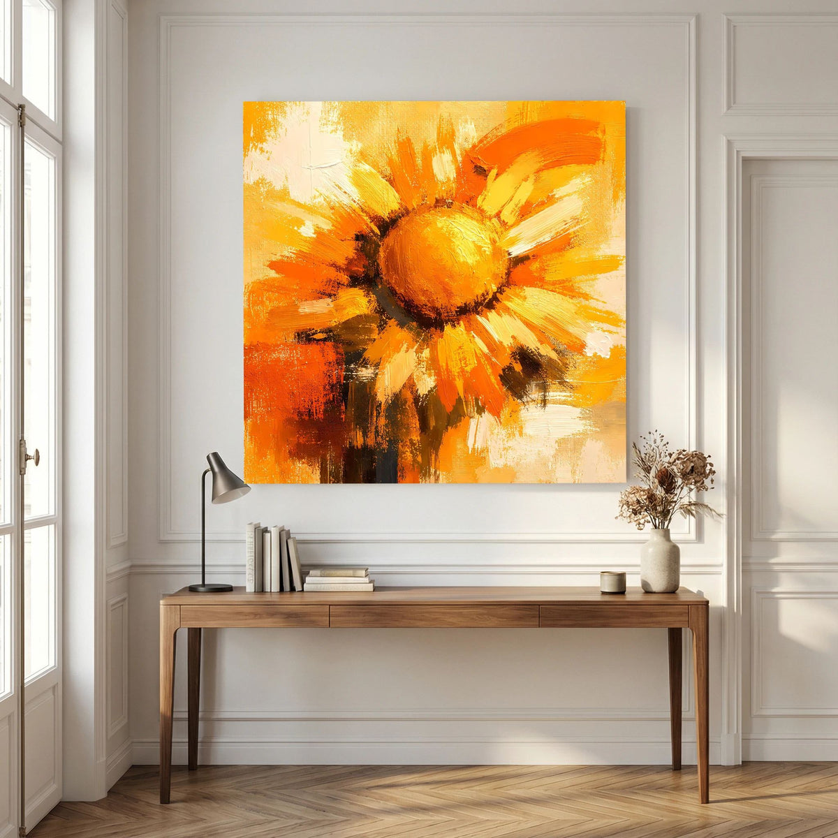 Leinwand Abstraktes Sonnenblumen Gemälde | Modernes Florales Wandbild Gelb Orange