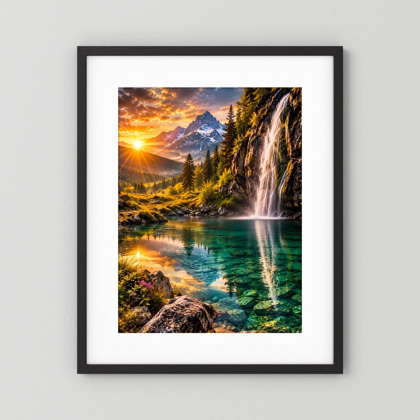 Hochformat-Poster im dunklen Holzrahmen mit weißem Passepartout, Bergsee und Wasserfall