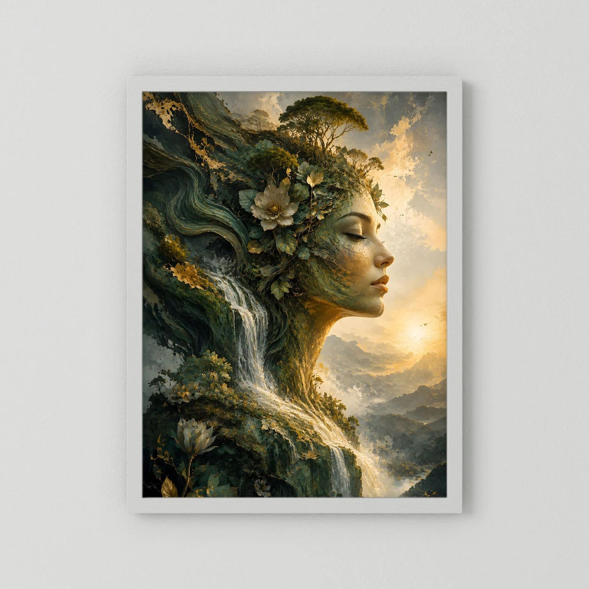 Wandposter Hochformat: Naturfrau mit Wasserfall und Wald, weißer Rahmen mit Rand