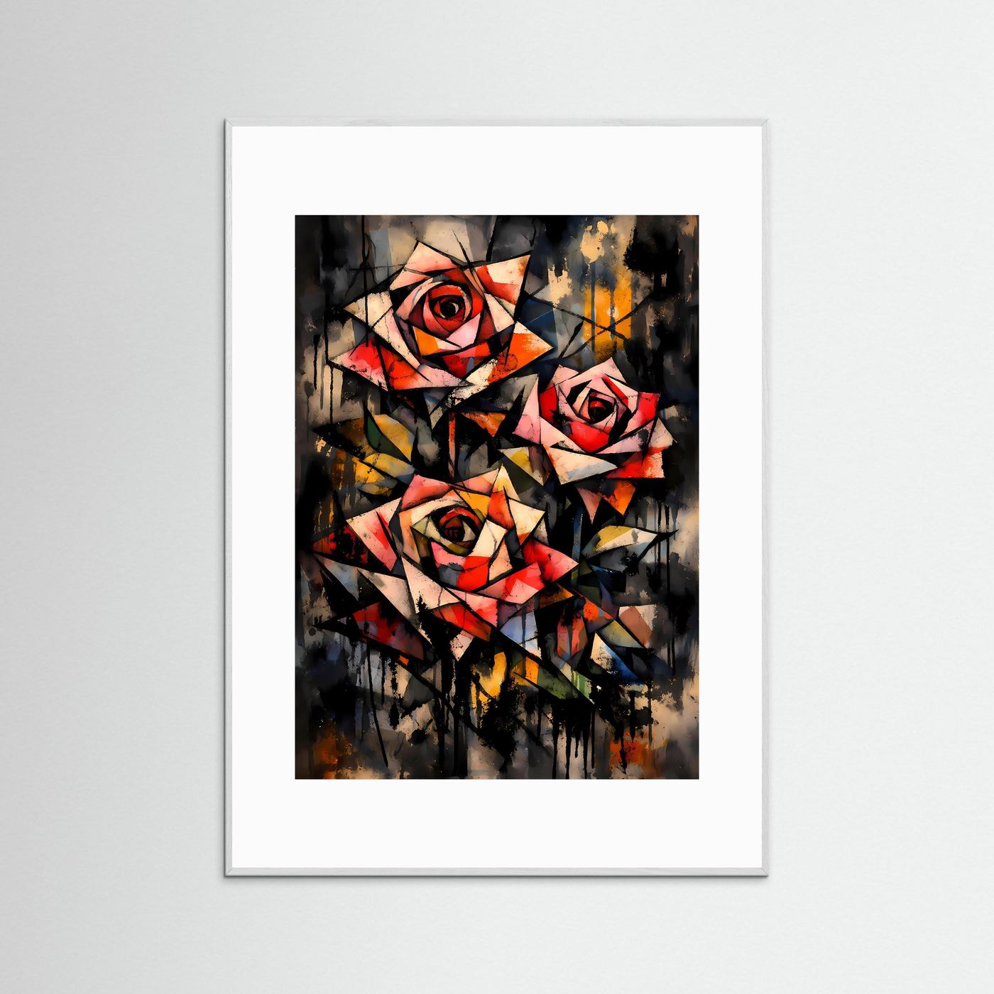 Geometrie der Liebe | Modernes Rosen Kunst Poster bunt | Abstraktes Kubismus Wandbild Hochformat
