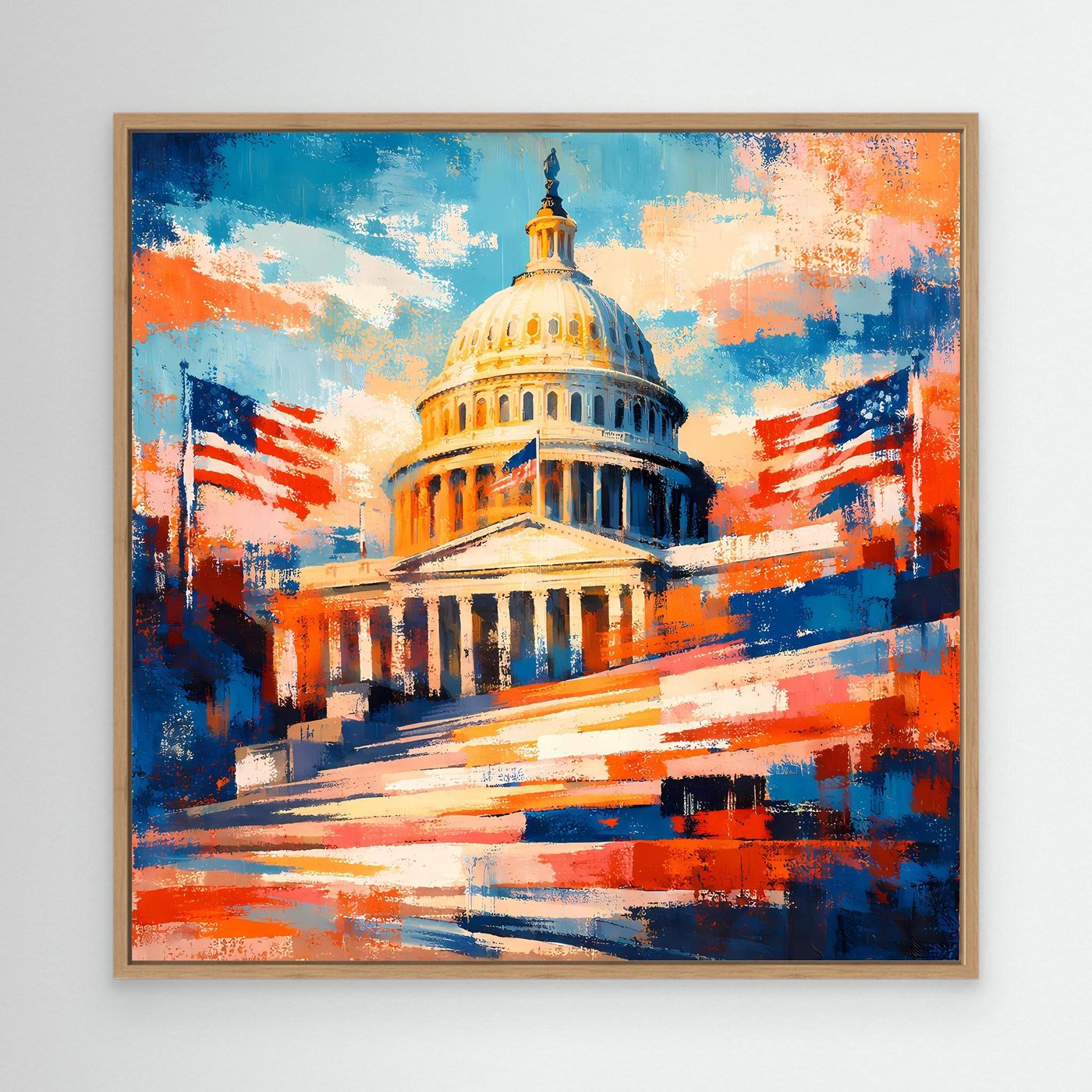 Abstraktes Leinwandbild mit US-Kapitol in Gold und US-Flaggen, Blau-Orange Pinselstriche, Holzrahmen.