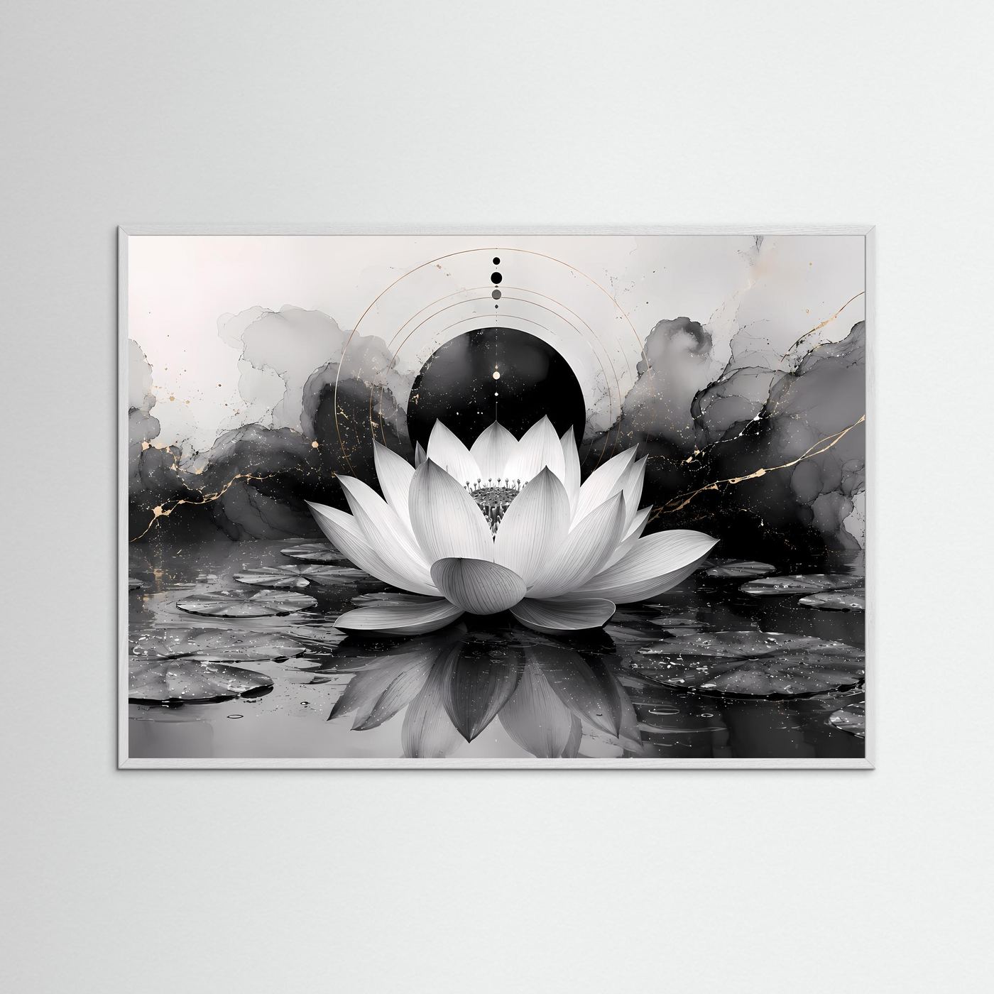 Weiße Lotusblüte in Schwarz & Gold | Elegante Zen Kunst