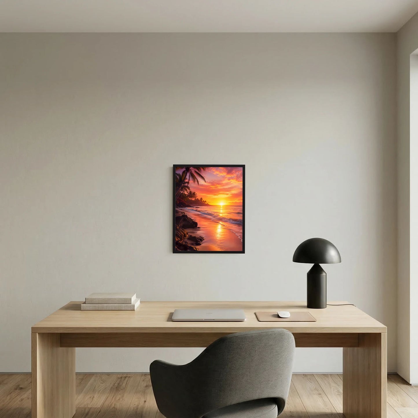 Hochformatiges Poster im schwarzen Rahmen mit tropischem Strand und Sonnenuntergang am Meer