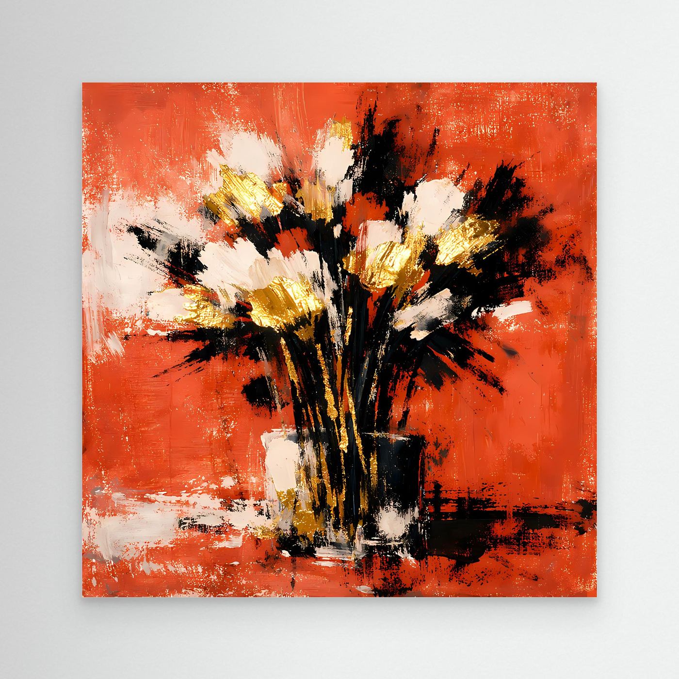 Leinwand-Wandbild mit abstraktem Blumenstrauß in Terrakotta, Weiß und Gold