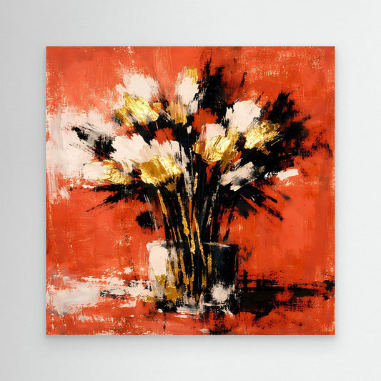 Leinwand-Wandbild mit abstraktem Blumenstrauß in Terrakotta, Weiß und Gold